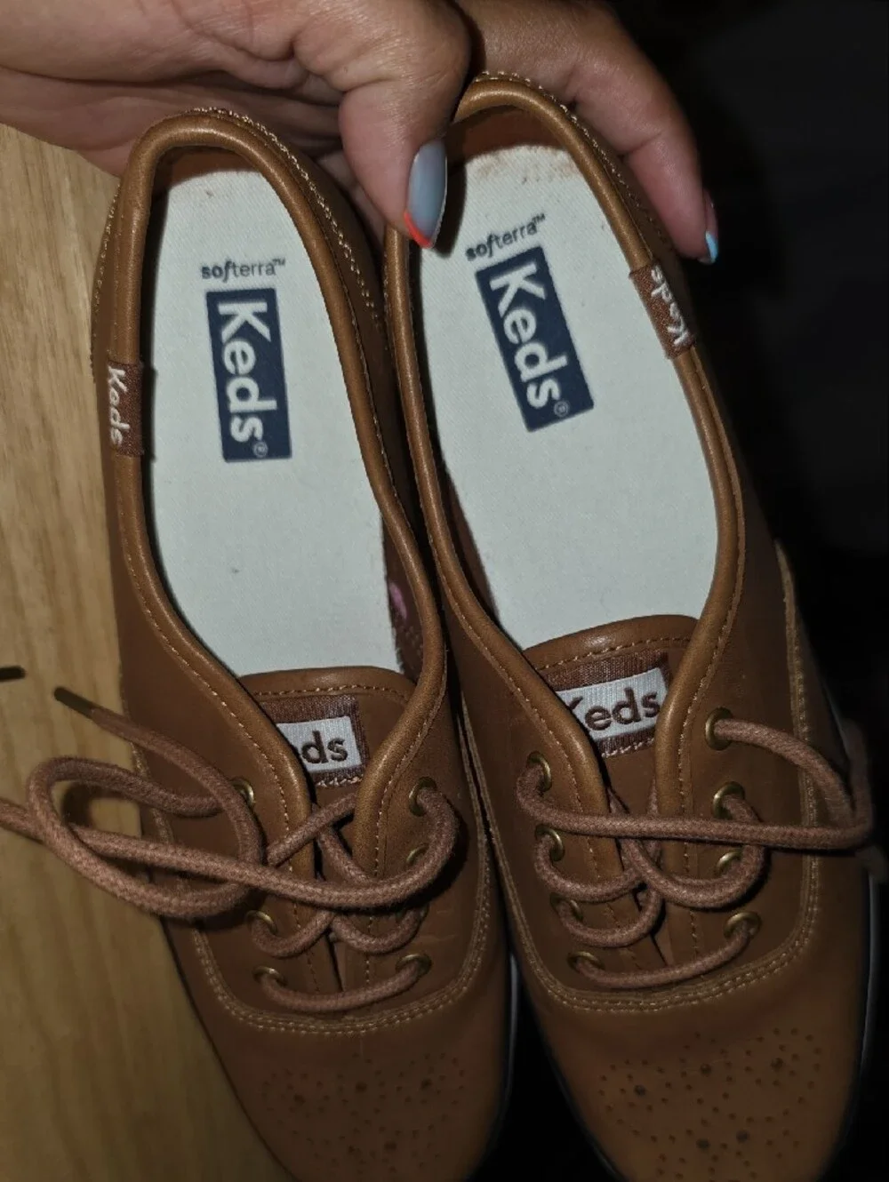 Keds Women’s Tan Leather-Style Boat Sneakers with White Sole